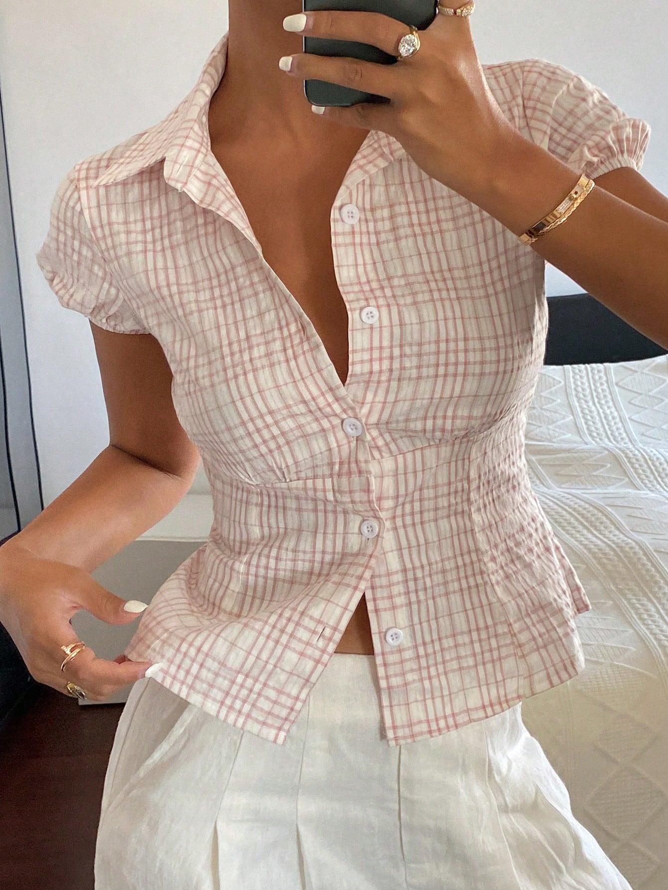 Light Pink Plaid Collared Shirt with Cinched Waist