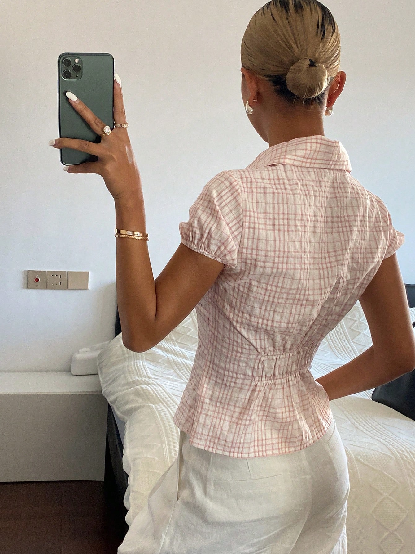 Light Pink Plaid Collared Shirt with Cinched Waist