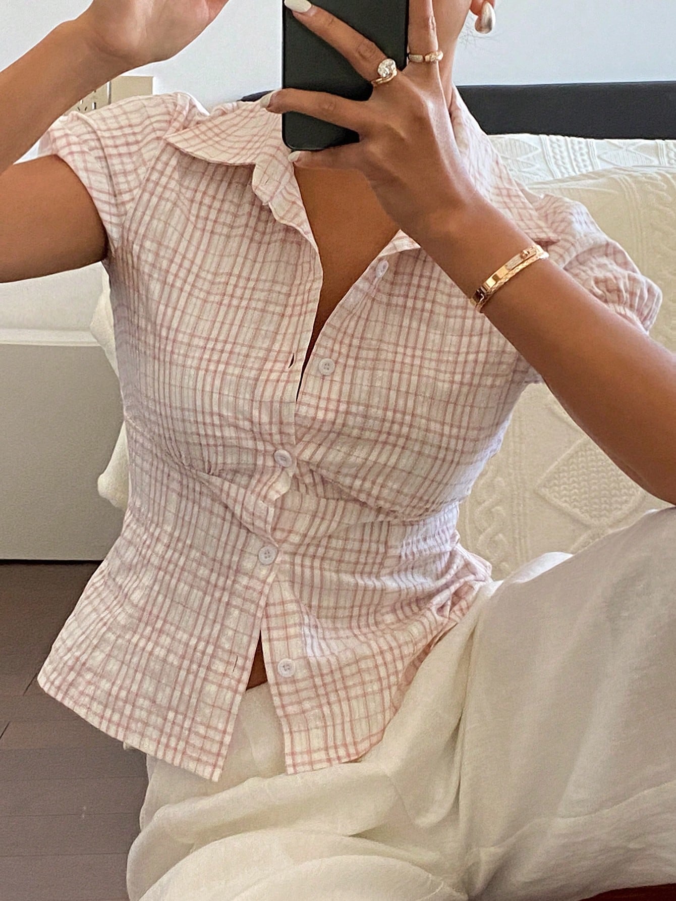 Light Pink Plaid Collared Shirt with Cinched Waist