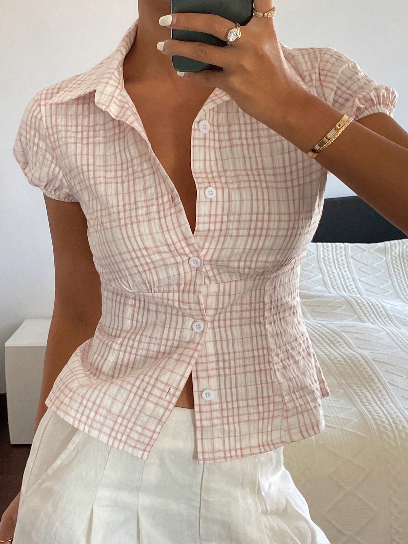 Light Pink Plaid Collared Shirt with Cinched Waist
