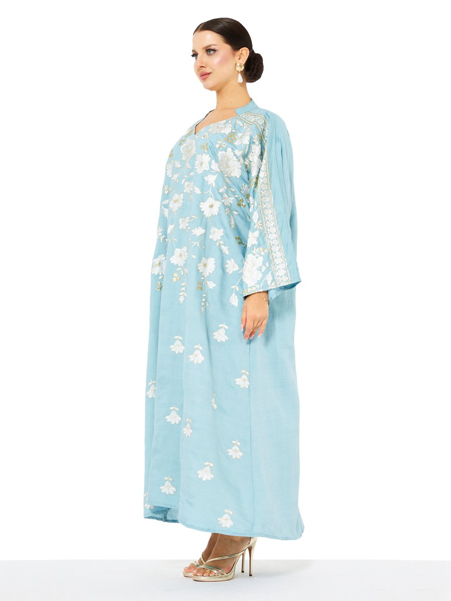 Blue A-Line Maxi Jalabiya with Floral Embroidery