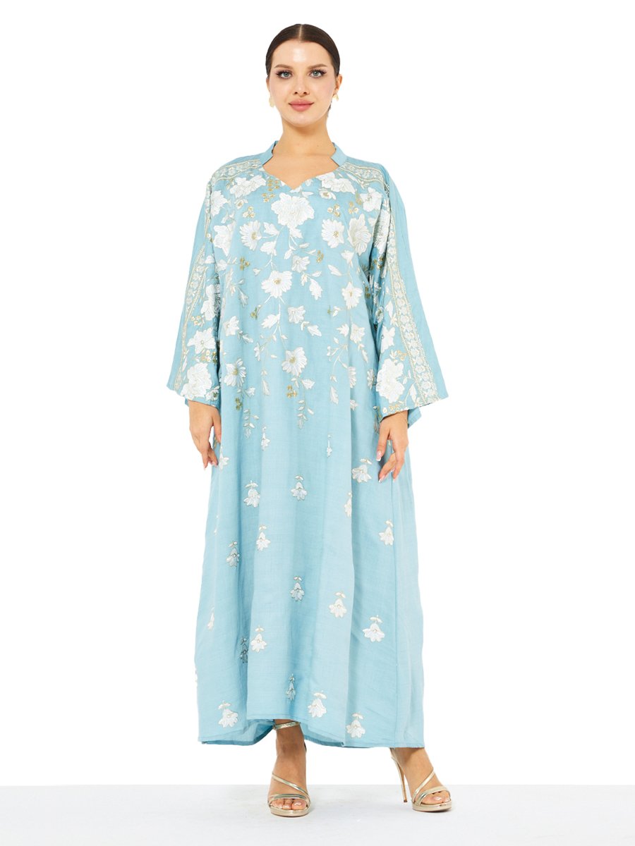 Blue A-Line Maxi Jalabiya with Floral Embroidery