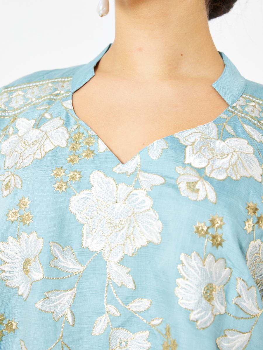 Blue A-Line Maxi Jalabiya with Floral Embroidery