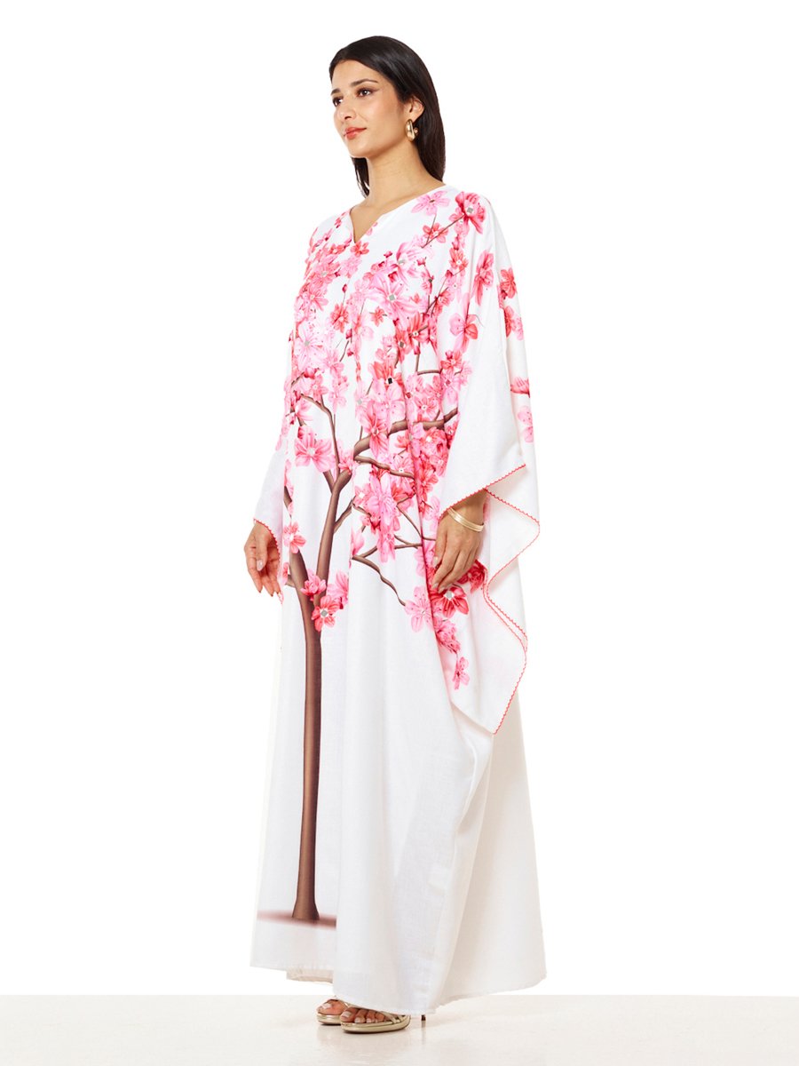 White Cherry Blossom Maxi A-Line Kaftan
