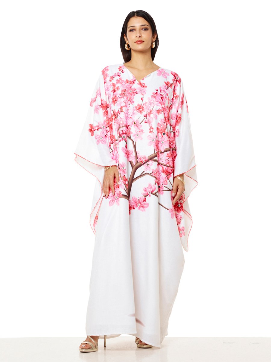 White Cherry Blossom Maxi A-Line Kaftan