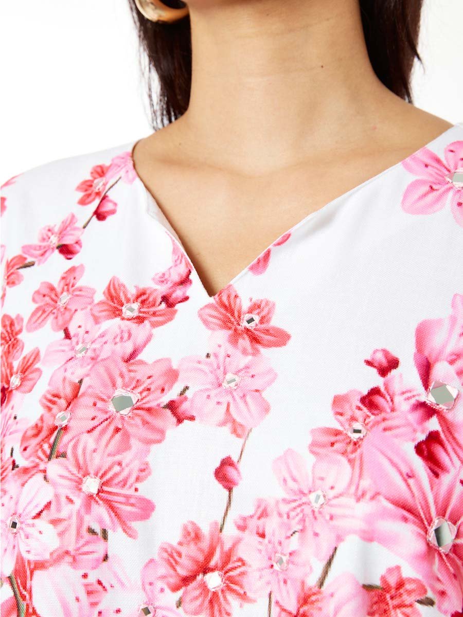 White Cherry Blossom Maxi A-Line Kaftan