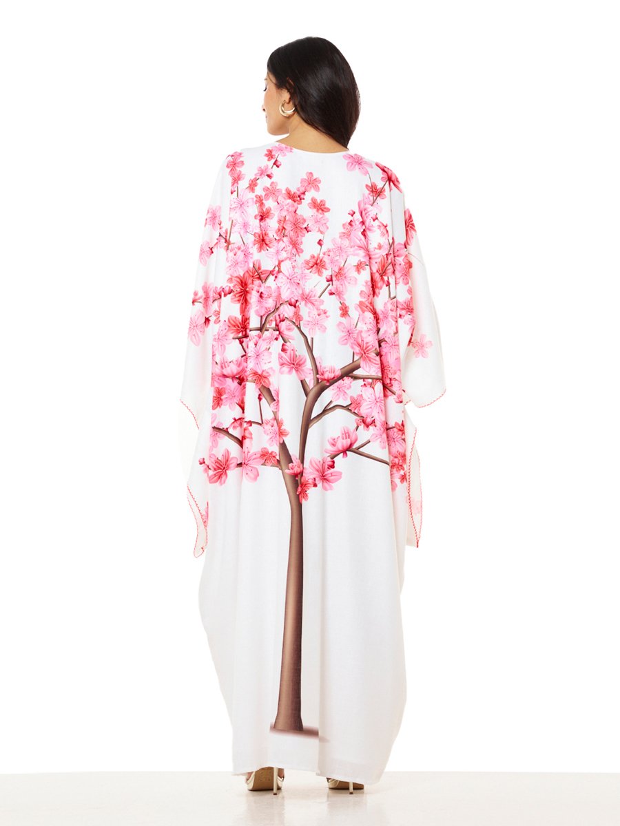 White Cherry Blossom Maxi A-Line Kaftan