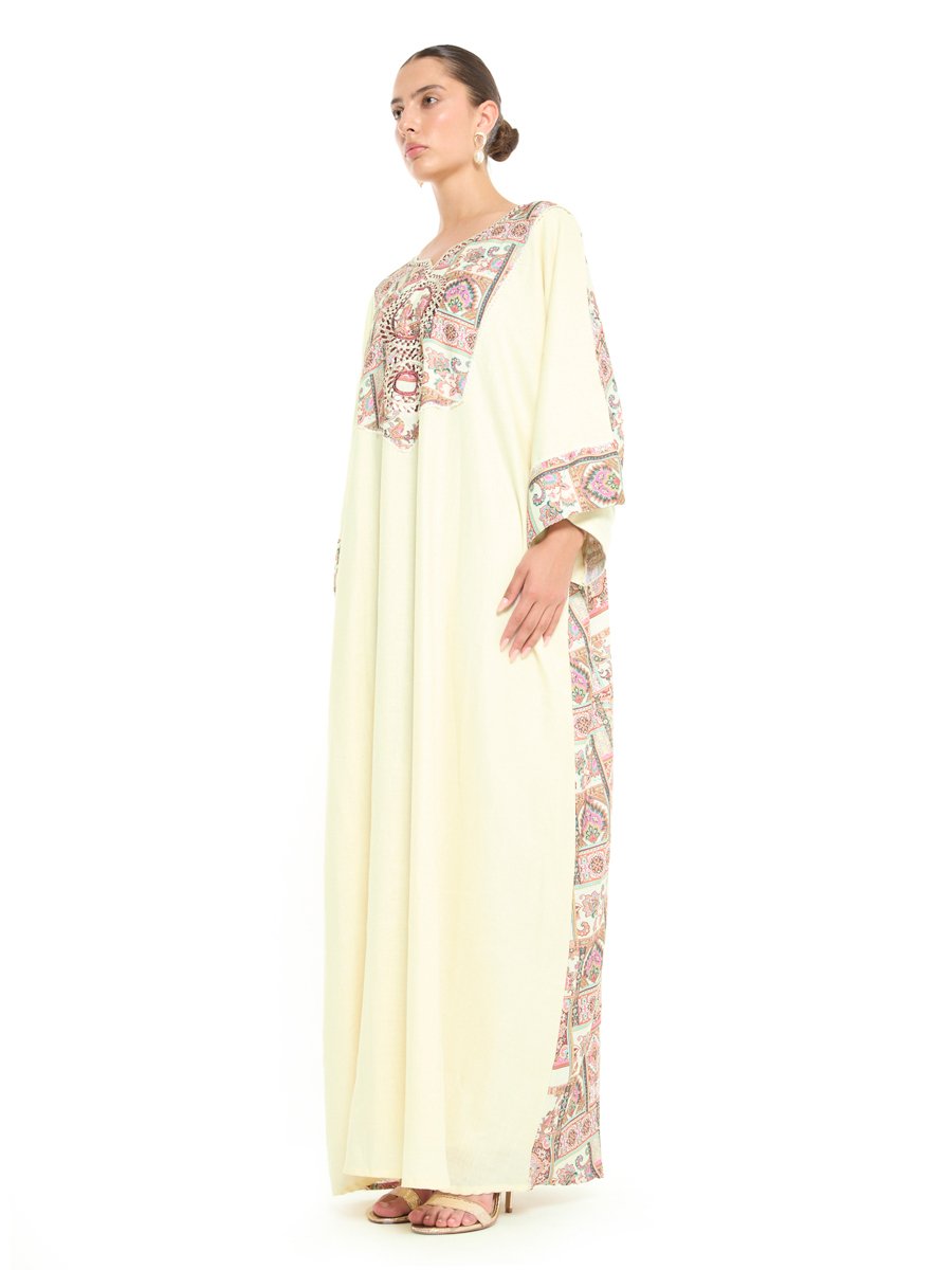 Beige A-Line Maxi Jalabiya with Intricate Embroidery