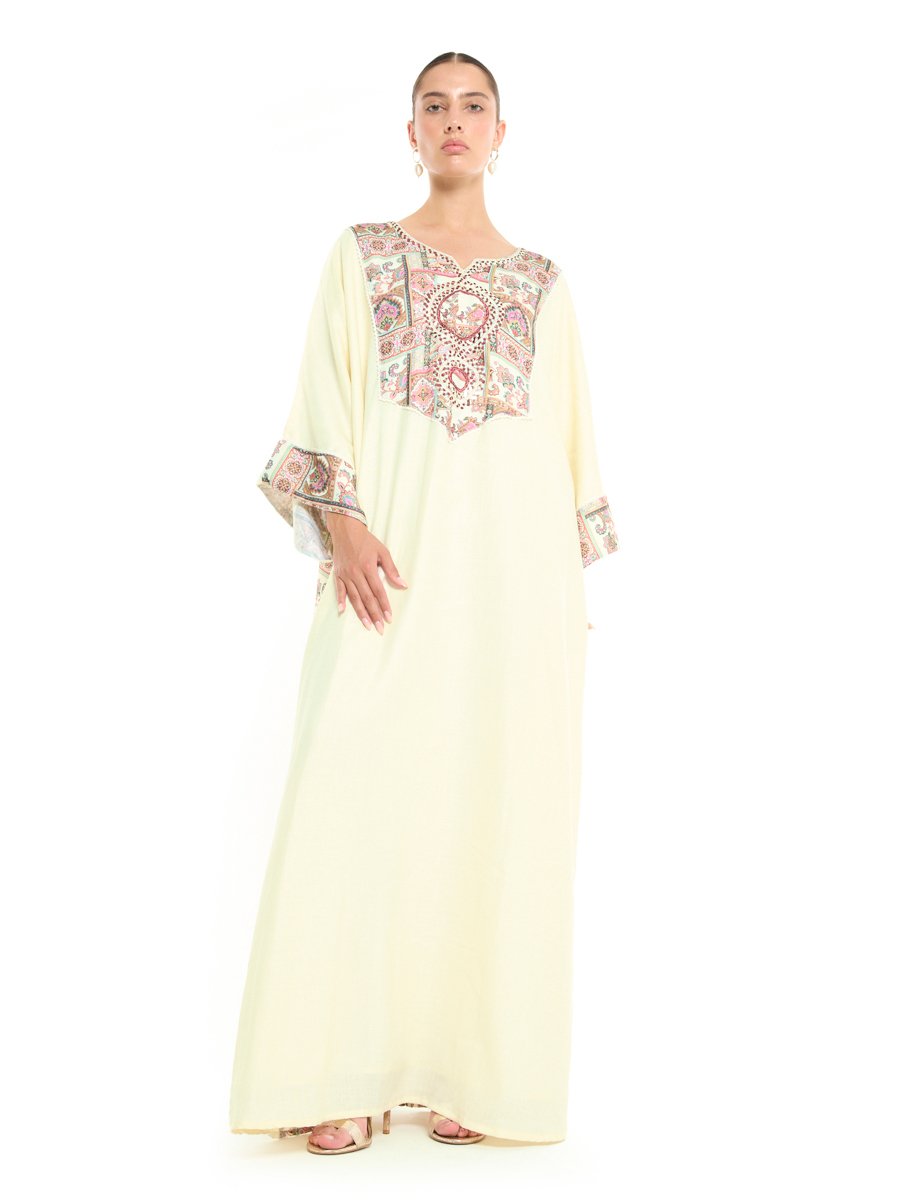 Beige A-Line Maxi Jalabiya with Intricate Embroidery