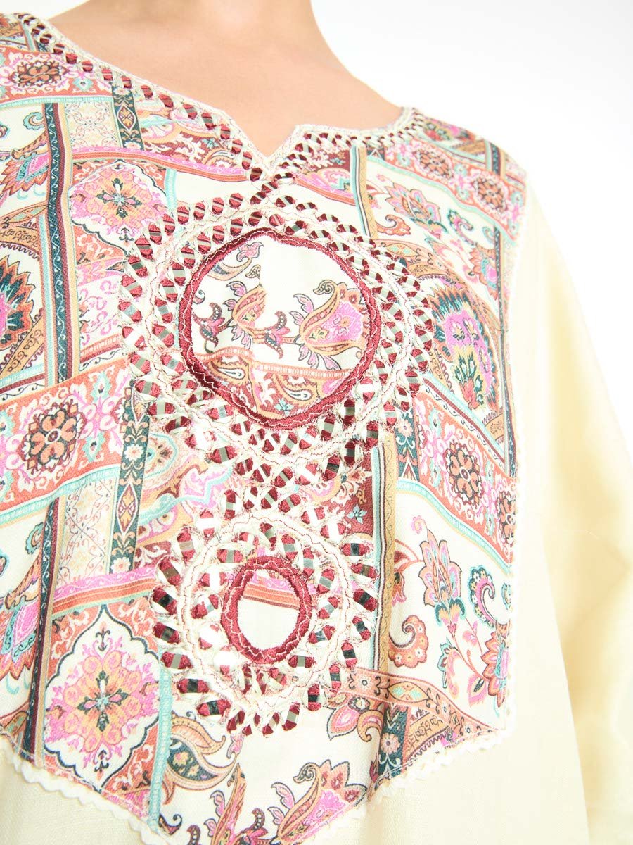 Beige A-Line Maxi Jalabiya with Intricate Embroidery