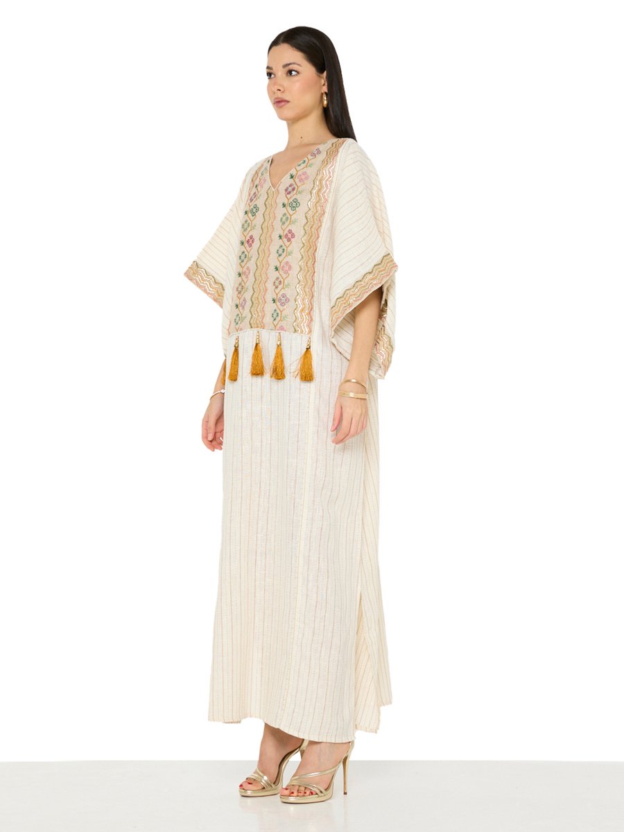 Beige Embroidered Tassel Details Batwing Sleeves Jalabiya