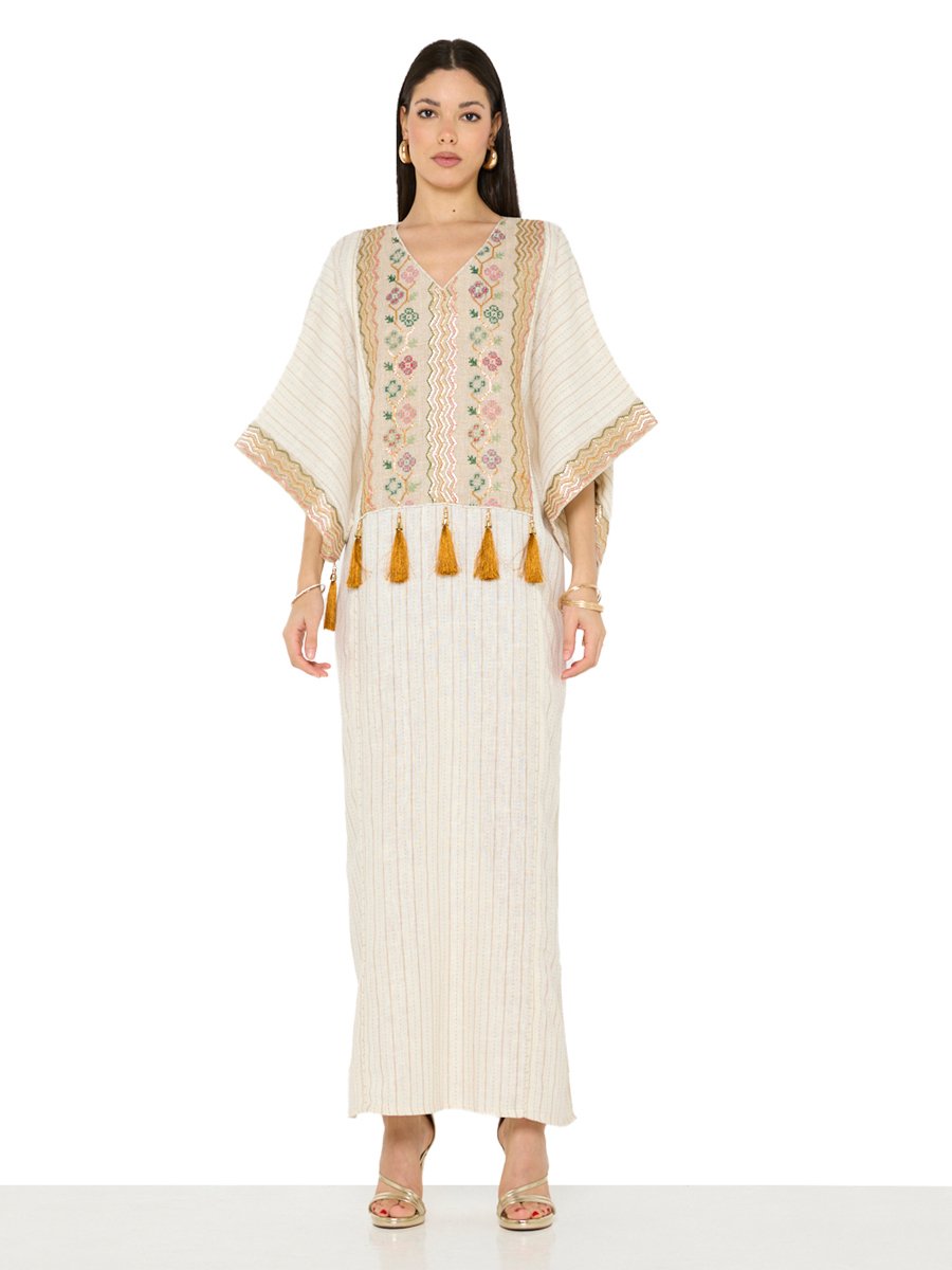 Beige Embroidered Tassel Details Batwing Sleeves Jalabiya