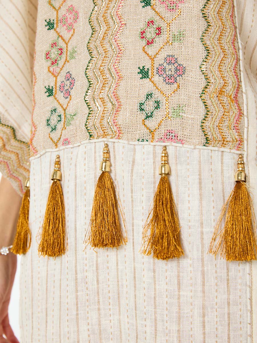 Beige Embroidered Tassel Details Batwing Sleeves Jalabiya