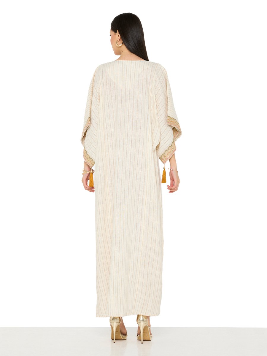 Beige Embroidered Tassel Details Batwing Sleeves Jalabiya