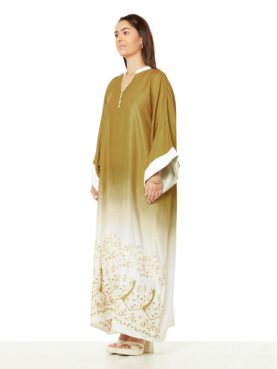 Brown Ombre A-Line Maxi Jalabiya with Golden Embroidery