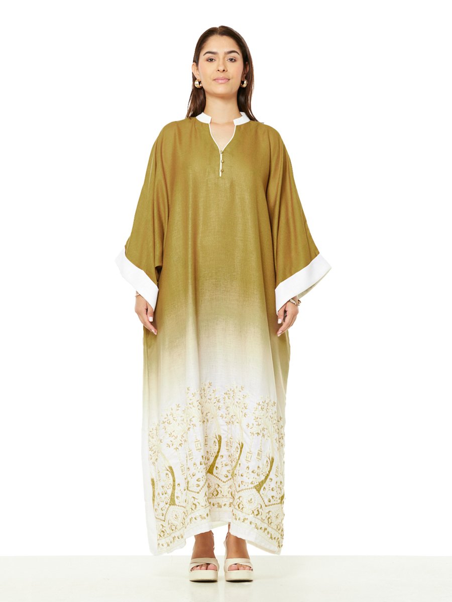 Brown Ombre A-Line Maxi Jalabiya with Golden Embroidery