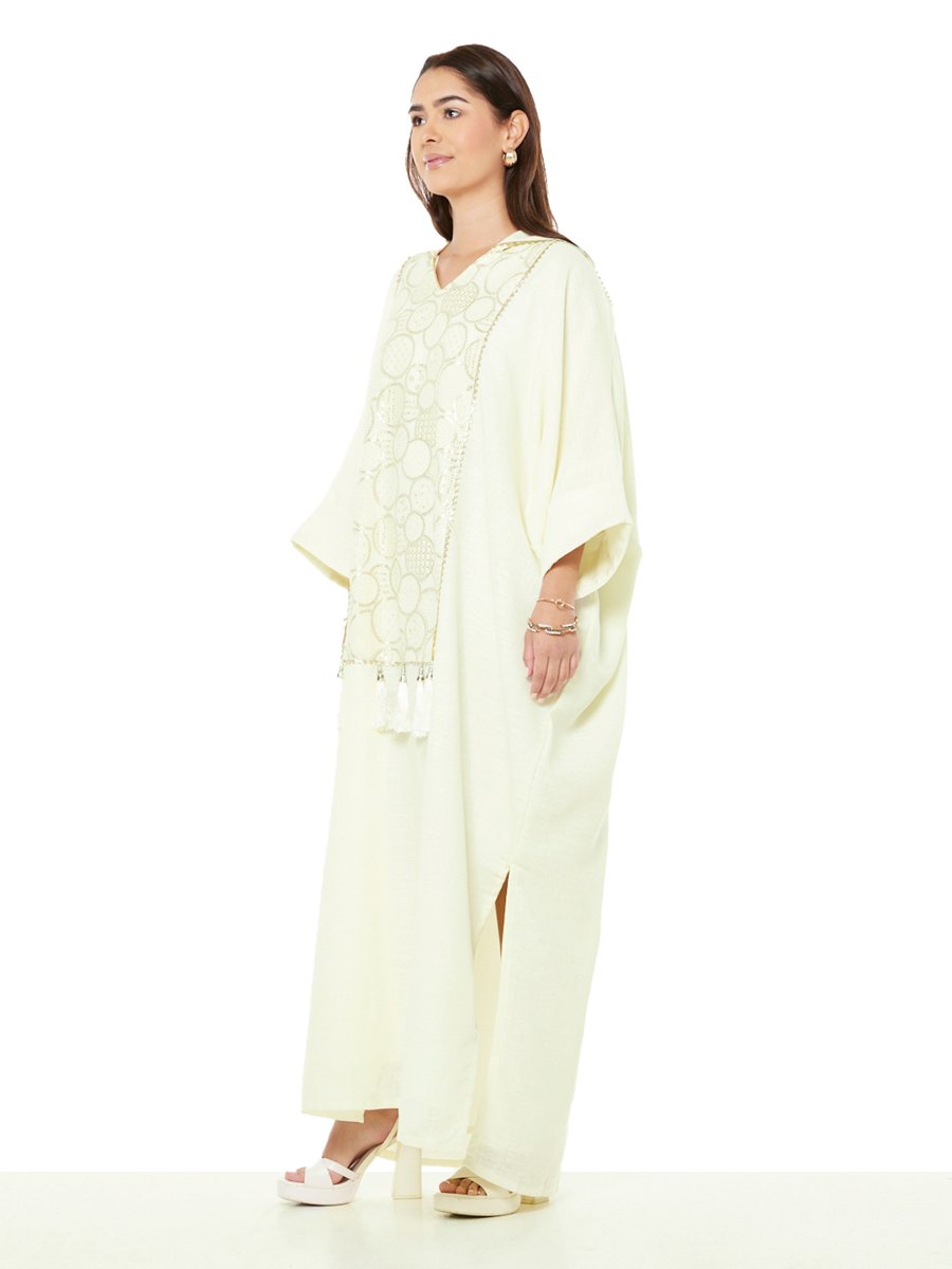 Beige A-Line Maxi Kaftan with Tassel and Embroidery Details
