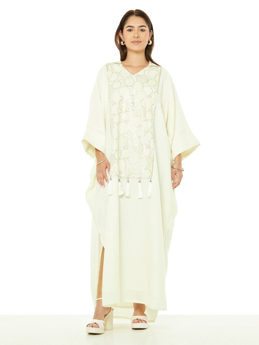Beige A-Line Maxi Kaftan with Tassel and Embroidery Details