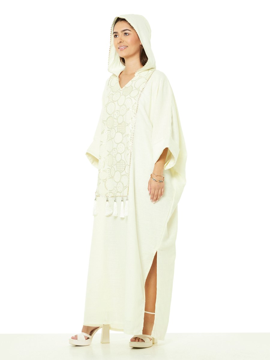 Beige A-Line Maxi Kaftan with Tassel and Embroidery Details