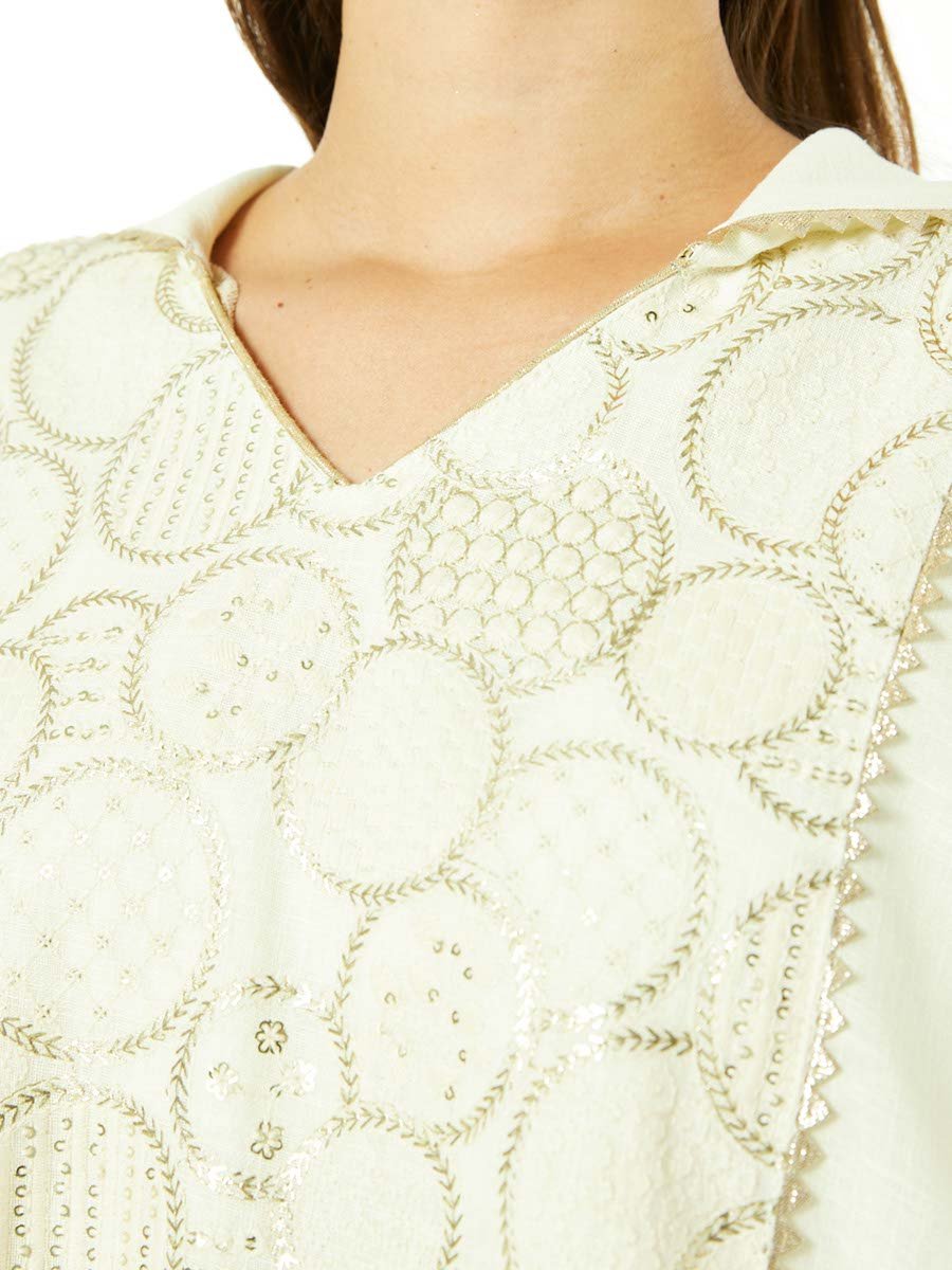 Beige A-Line Maxi Kaftan with Tassel and Embroidery Details
