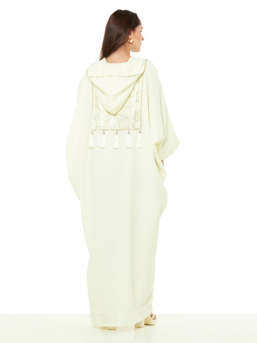 Beige A-Line Maxi Kaftan with Tassel and Embroidery Details
