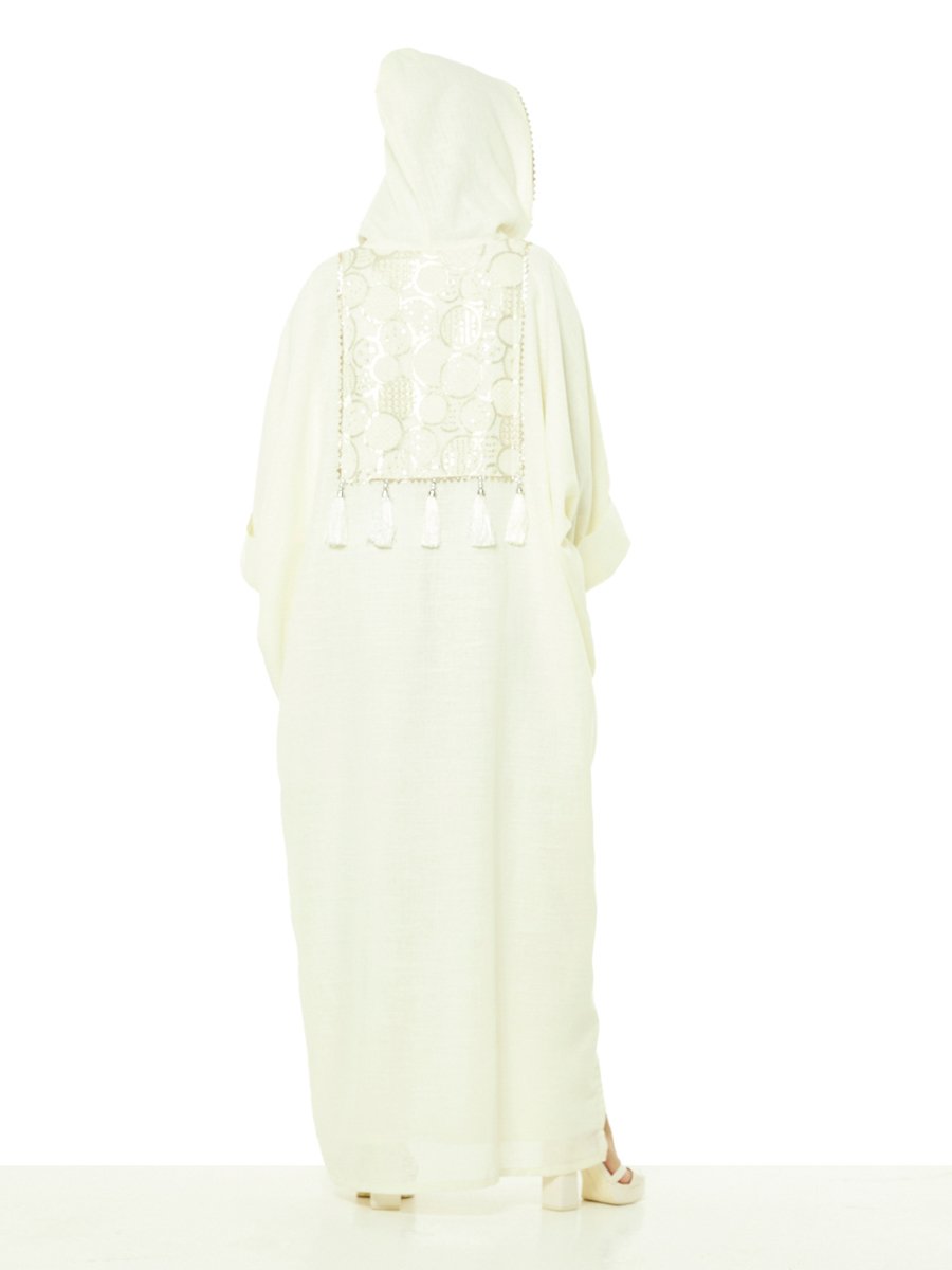 Beige A-Line Maxi Kaftan with Tassel and Embroidery Details
