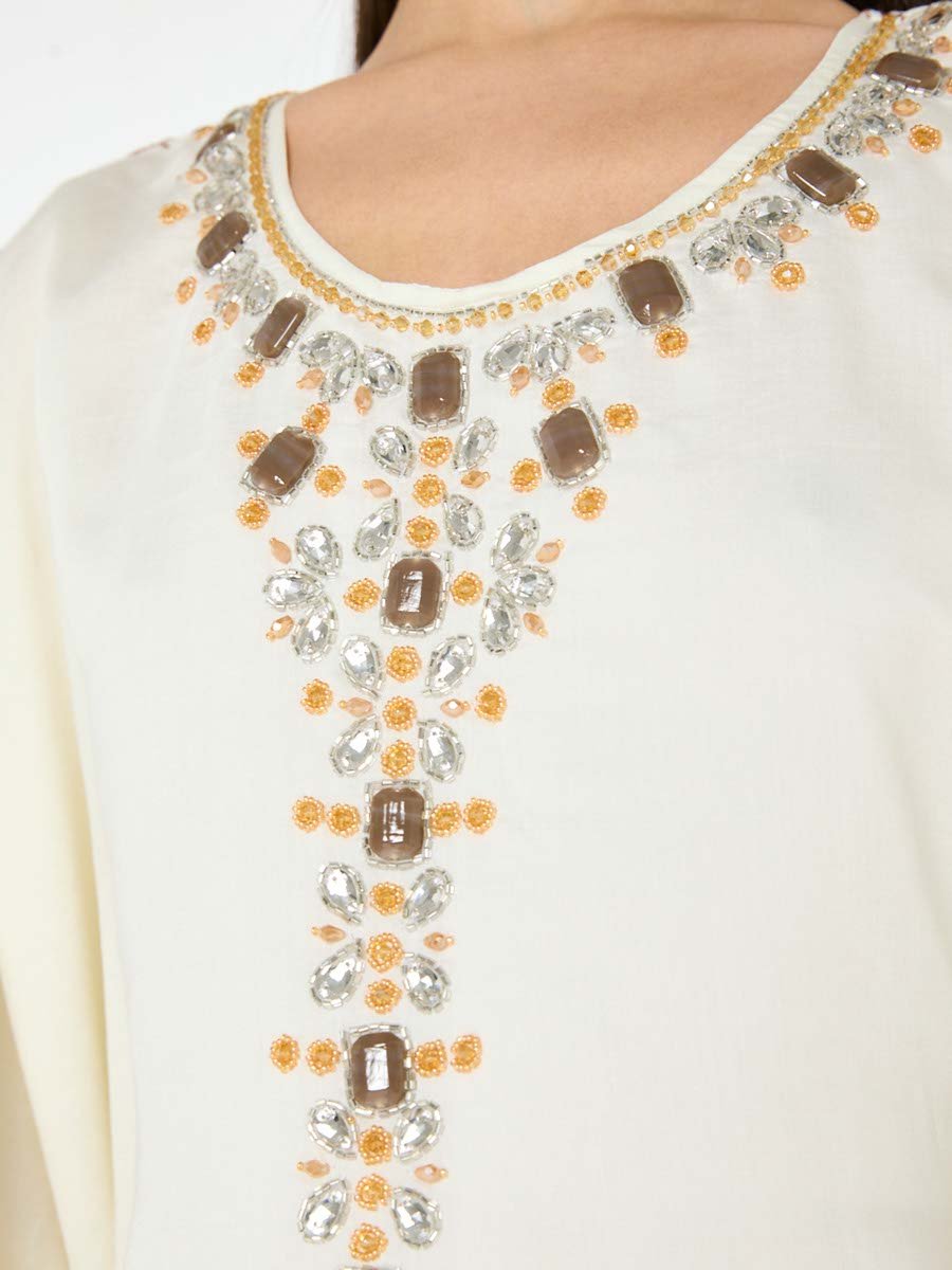 Off-White A-Line Maxi Jalabiya with Intricate Embellishments