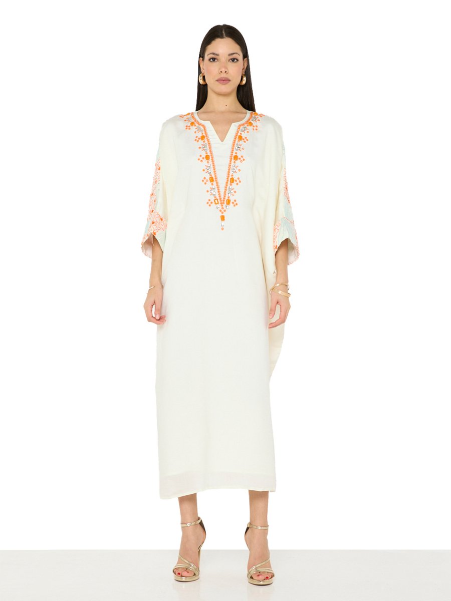 Off-White Maxi A-Line Embroidered Jalabiya
