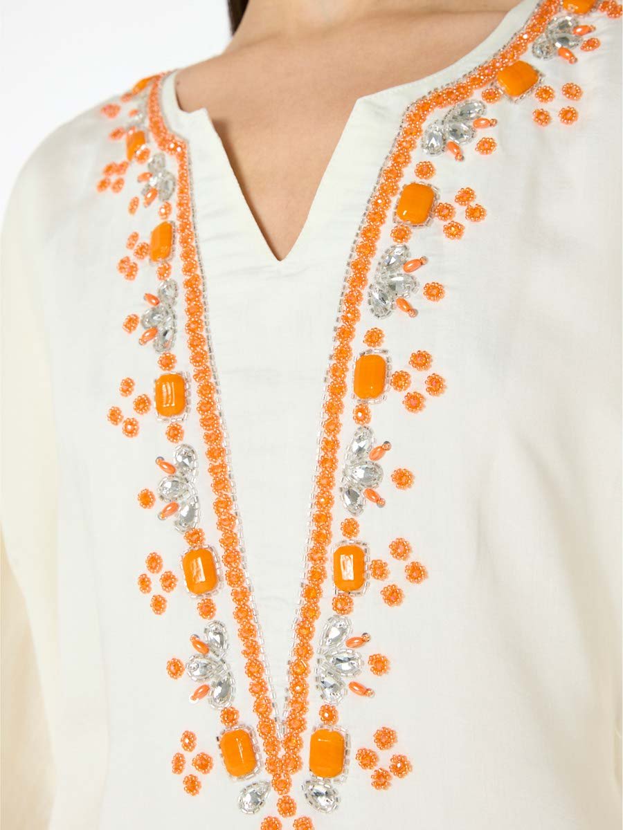 Off-White Maxi A-Line Embroidered Jalabiya