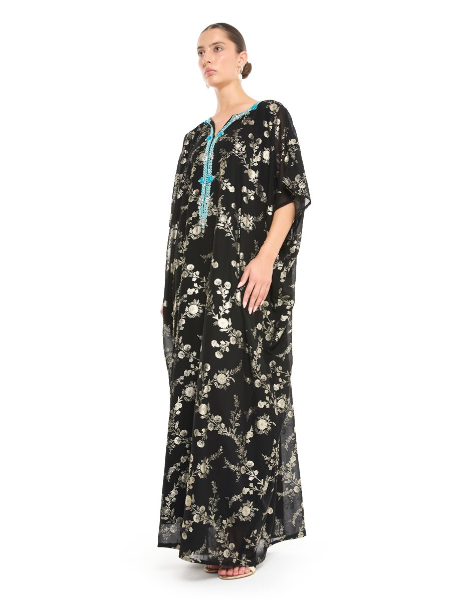 Black Floral Gold Print Maxi Kaftan with Turquoise Embellishment