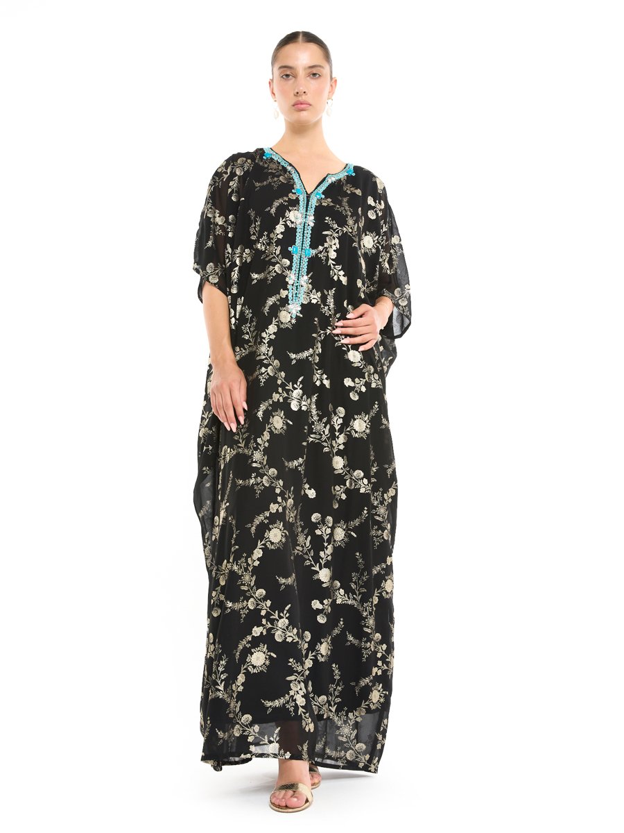 Black Floral Gold Print Maxi Kaftan with Turquoise Embellishment