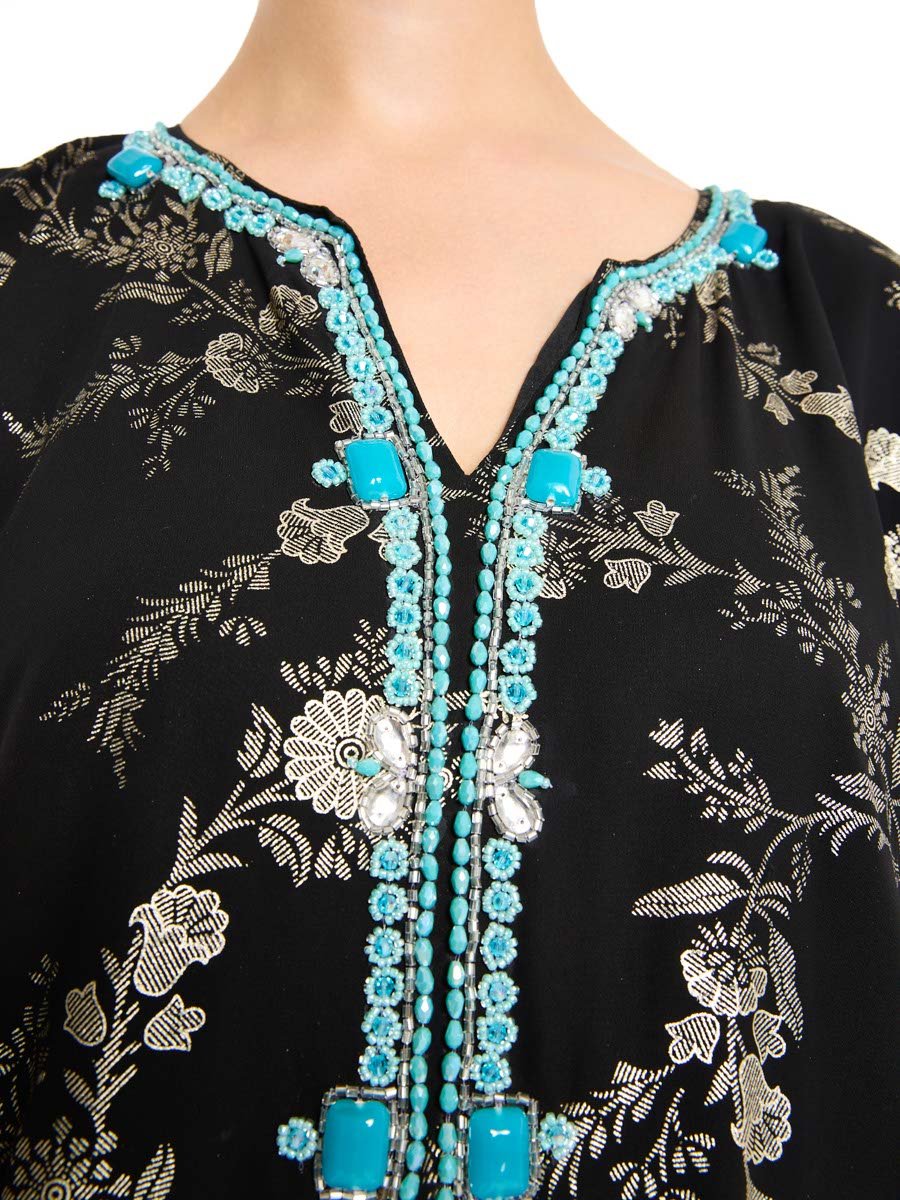 Black Floral Gold Print Maxi Kaftan with Turquoise Embellishment