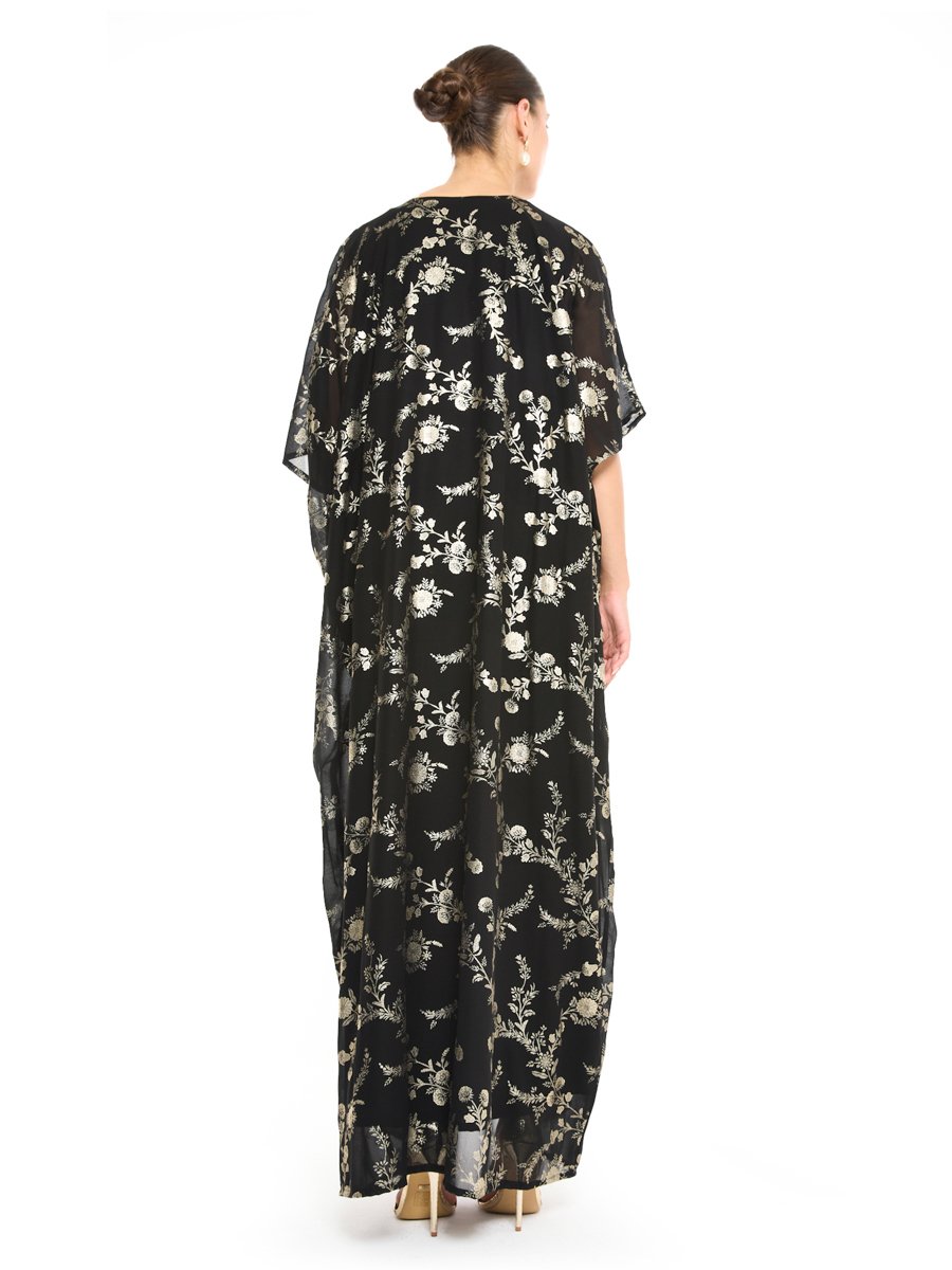 Black Floral Gold Print Maxi Kaftan with Turquoise Embellishment