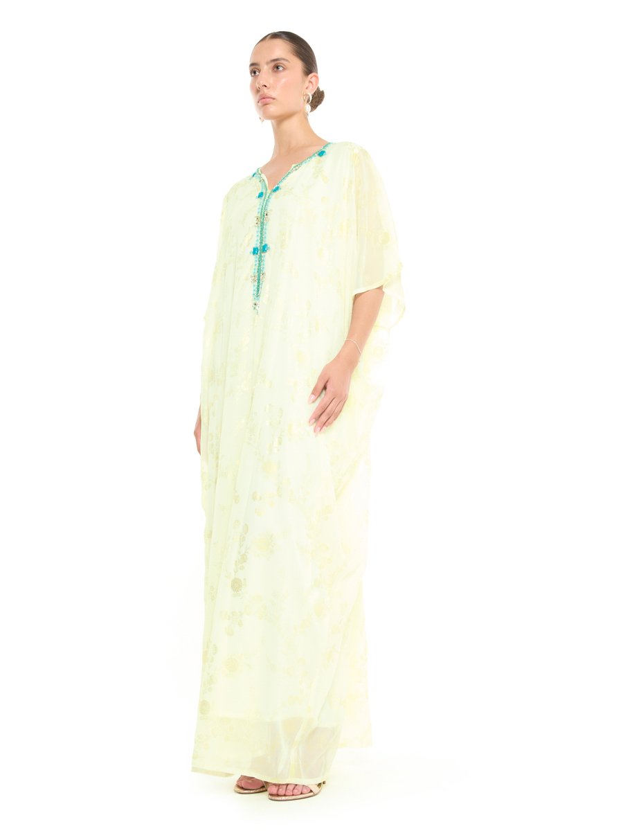 Cream A-Line Maxi Jalabiya with Turquoise Embroidery