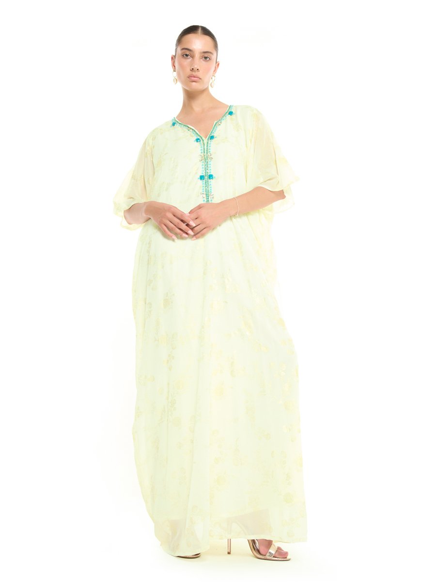 Cream A-Line Maxi Jalabiya with Turquoise Embroidery