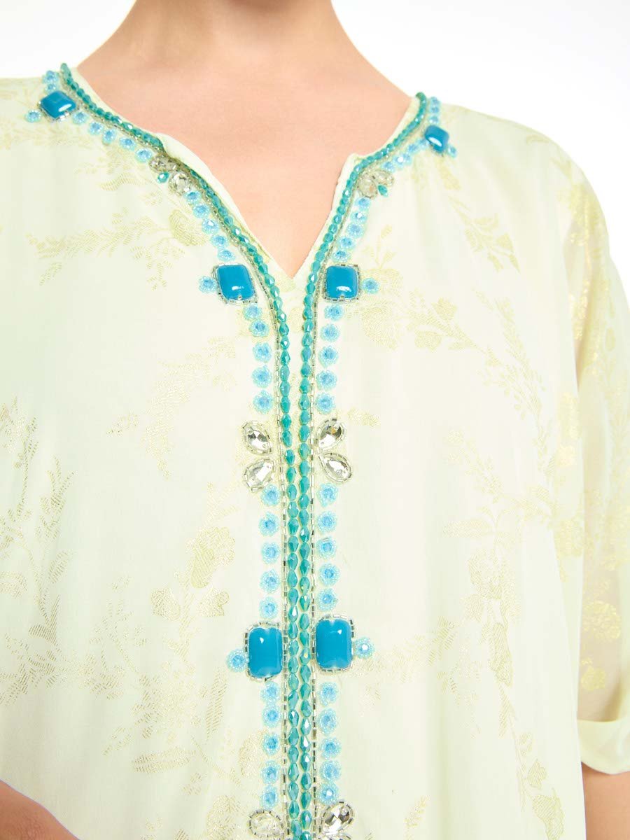 Cream A-Line Maxi Jalabiya with Turquoise Embroidery