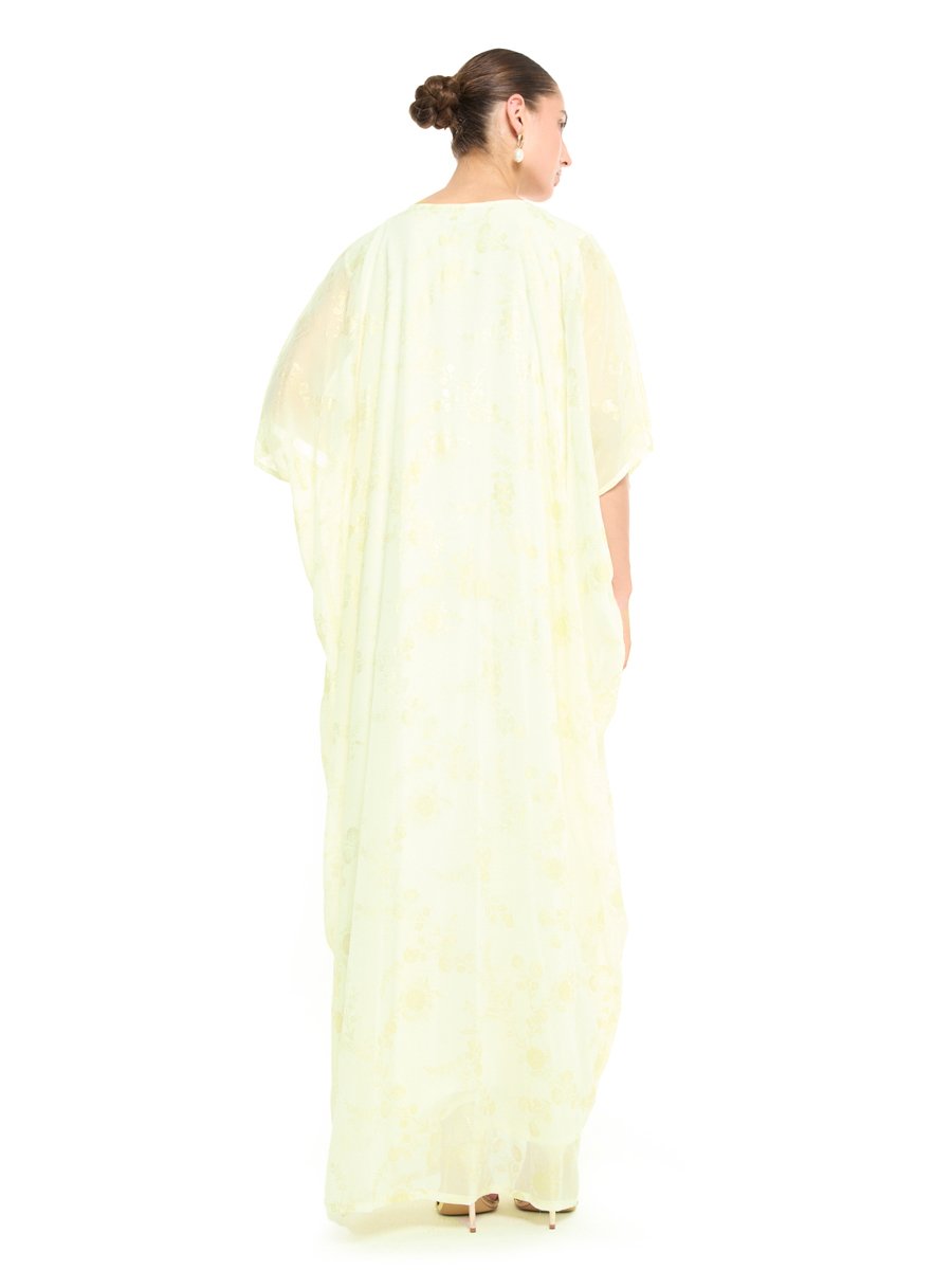 Cream A-Line Maxi Jalabiya with Turquoise Embroidery