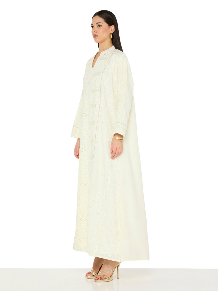 Cream A-Line Maxi Jalabiya with Intricate Embroidery