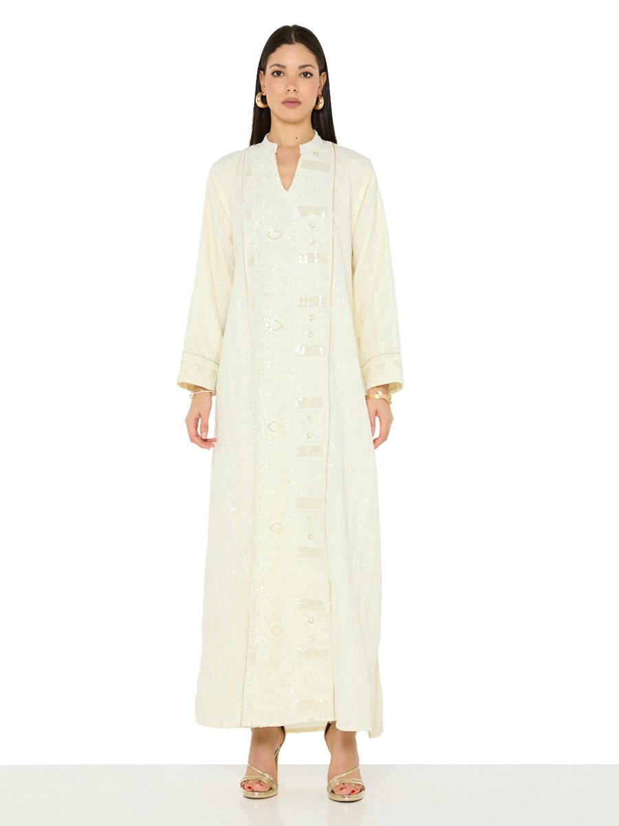 Cream A-Line Maxi Jalabiya with Intricate Embroidery