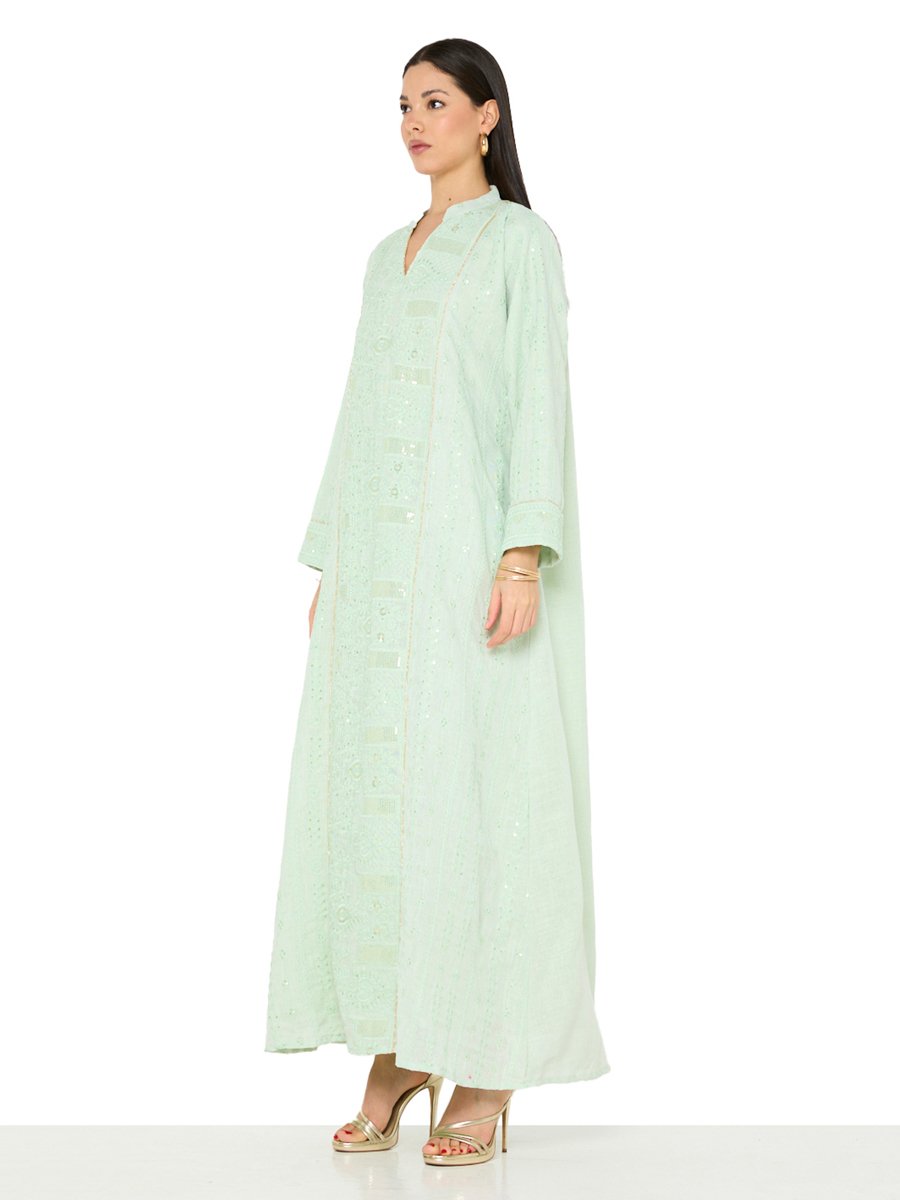Green A-Line Maxi Jalabiya with Embroidery