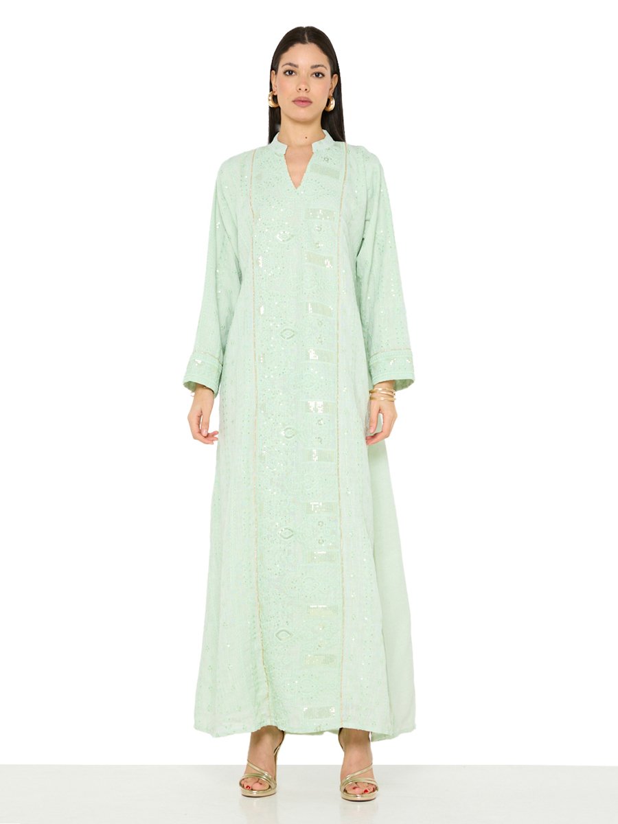 Green A-Line Maxi Jalabiya with Embroidery