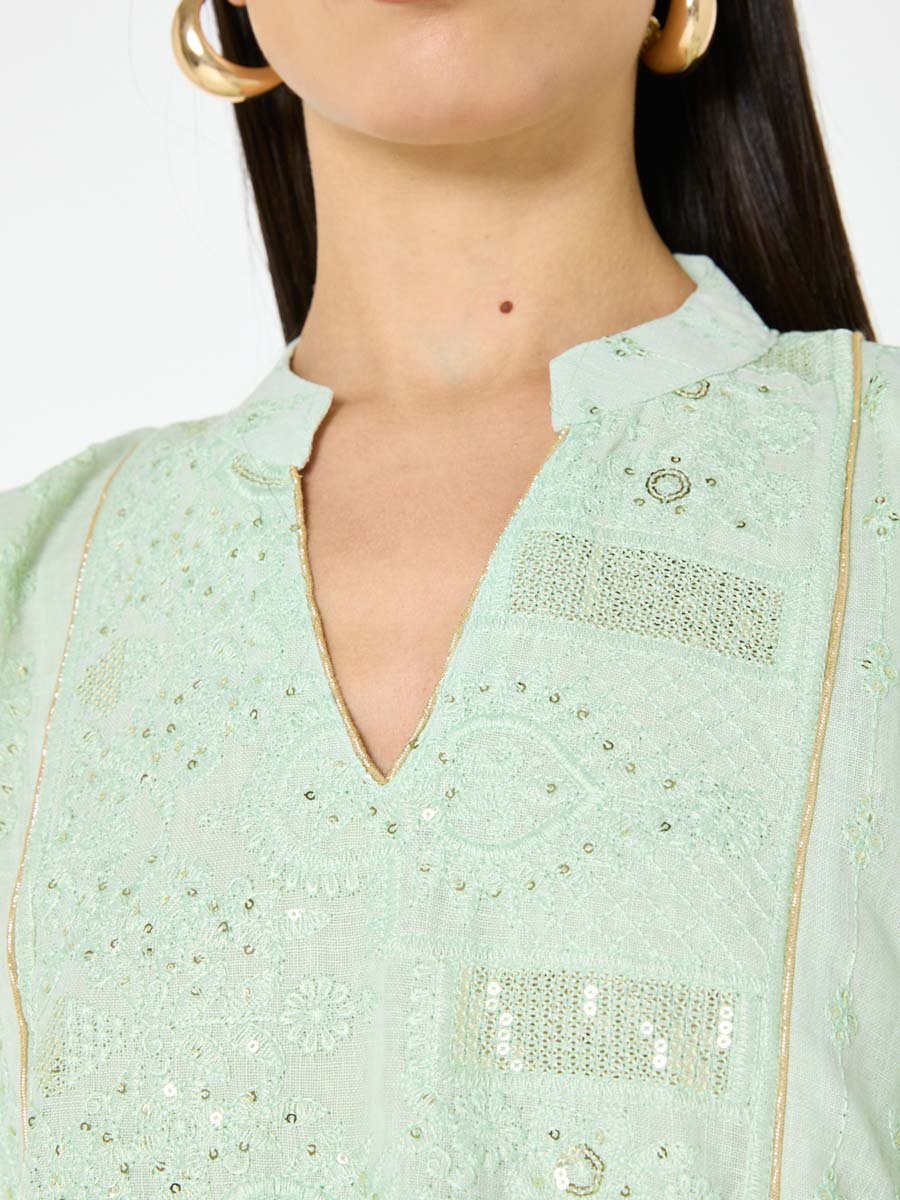 Green A-Line Maxi Jalabiya with Embroidery