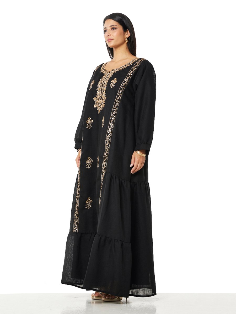 Black A-Line Maxi Kaftan with Gold Embroidery