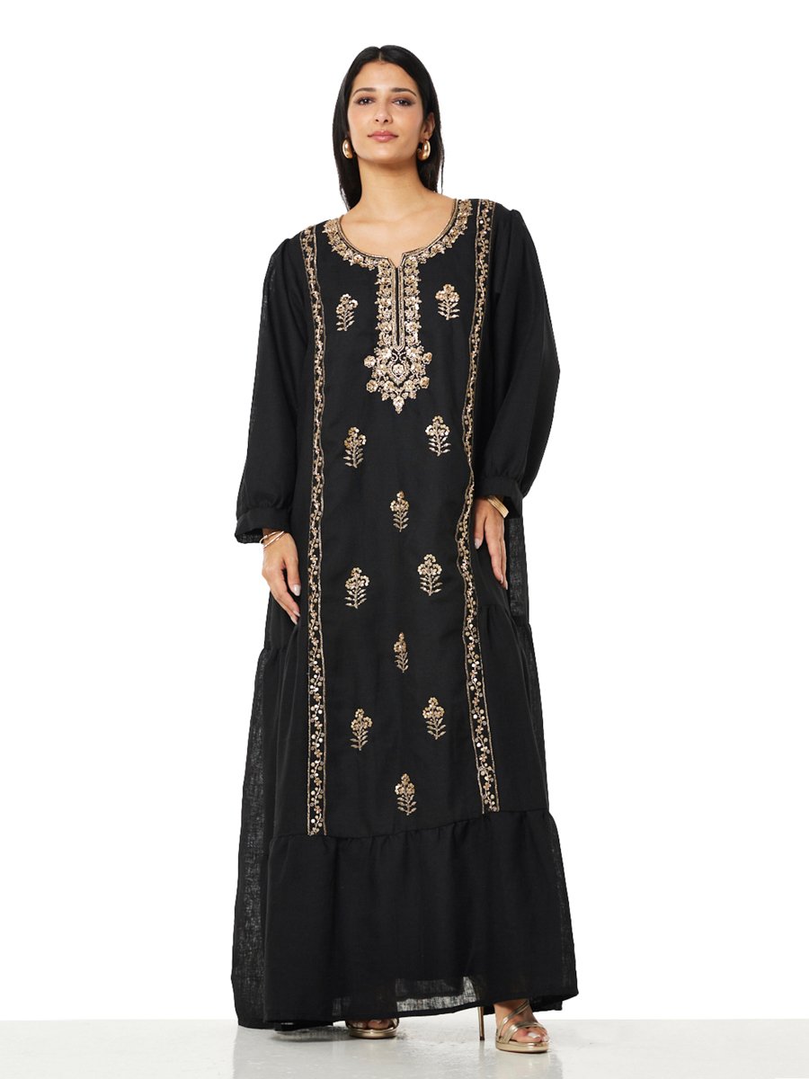 Black A-Line Maxi Kaftan with Gold Embroidery