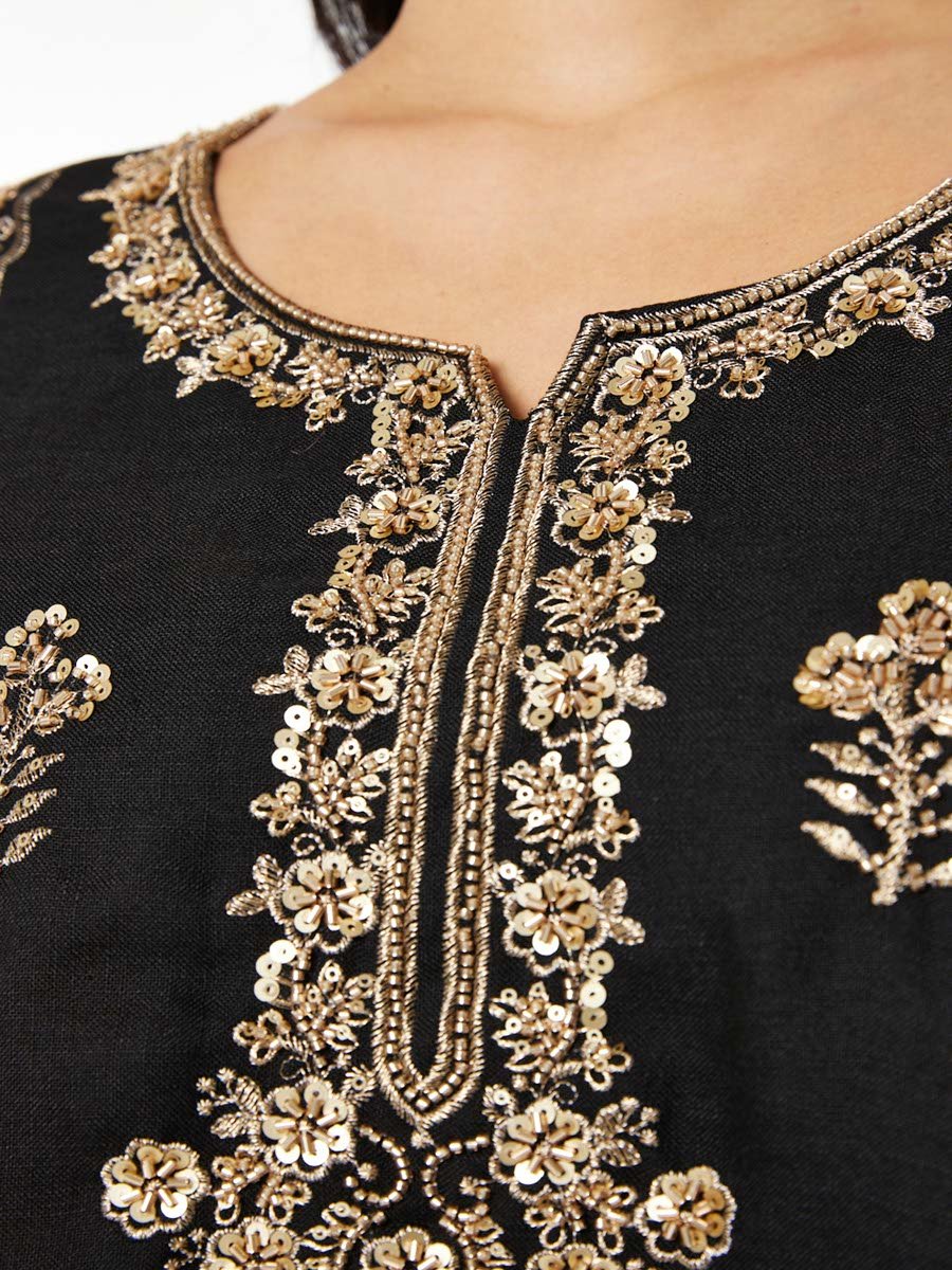Black A-Line Maxi Kaftan with Gold Embroidery