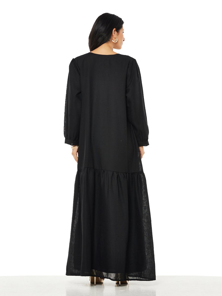 Black A-Line Maxi Kaftan with Gold Embroidery