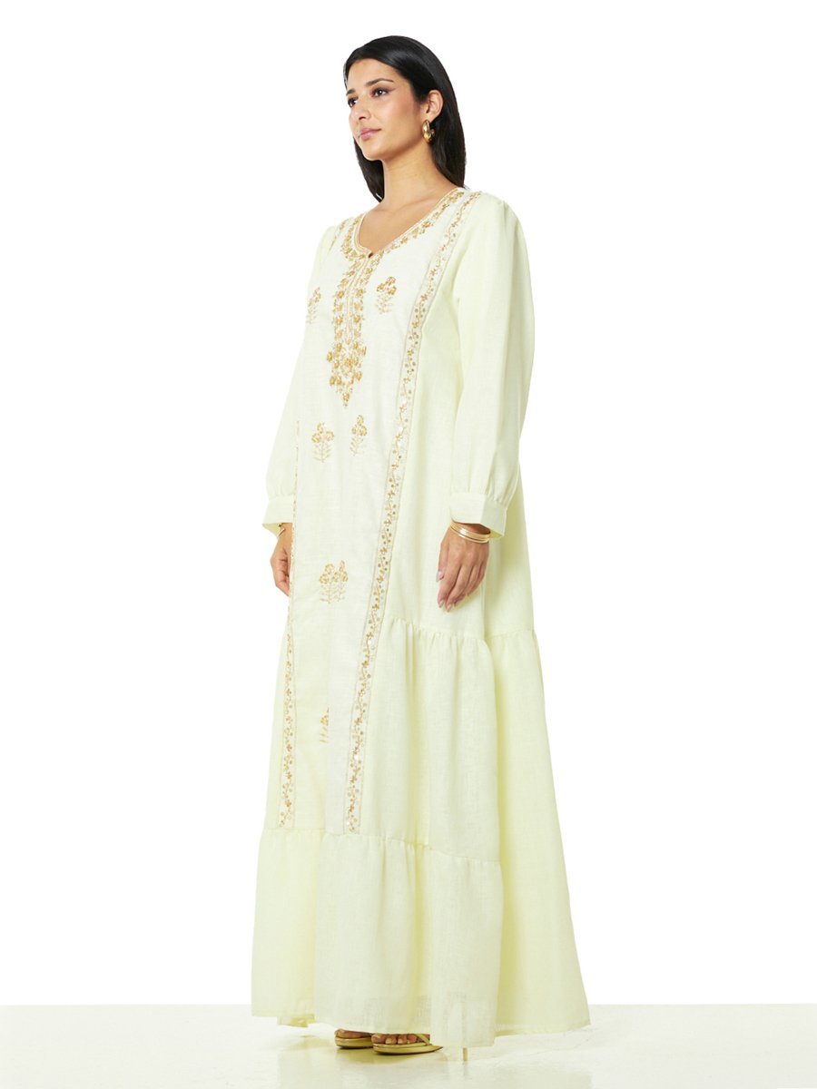 Cream A-Line Maxi Jalabiya with Gold Embroidery