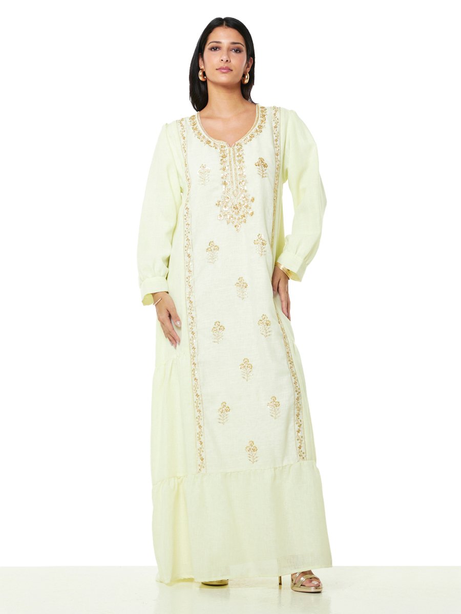 Cream A-Line Maxi Jalabiya with Gold Embroidery