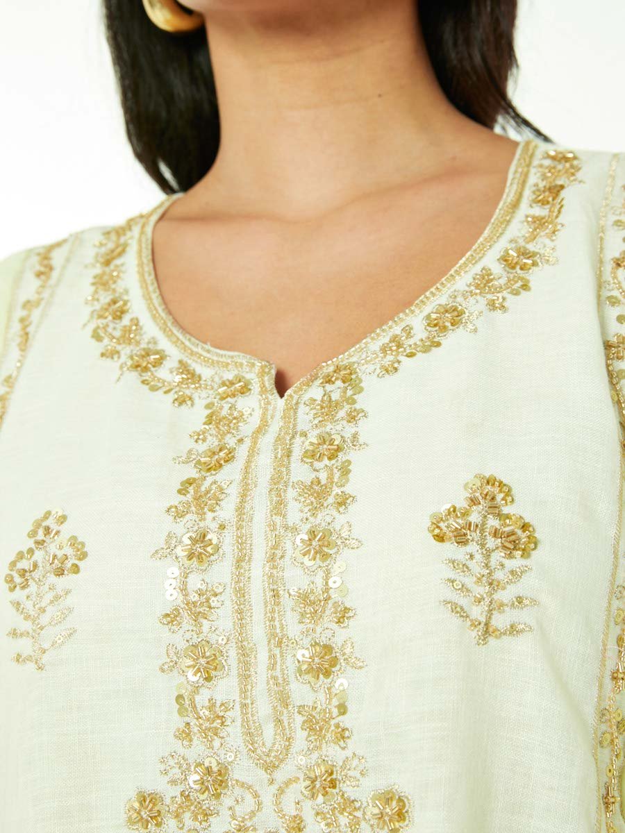 Cream A-Line Maxi Jalabiya with Gold Embroidery