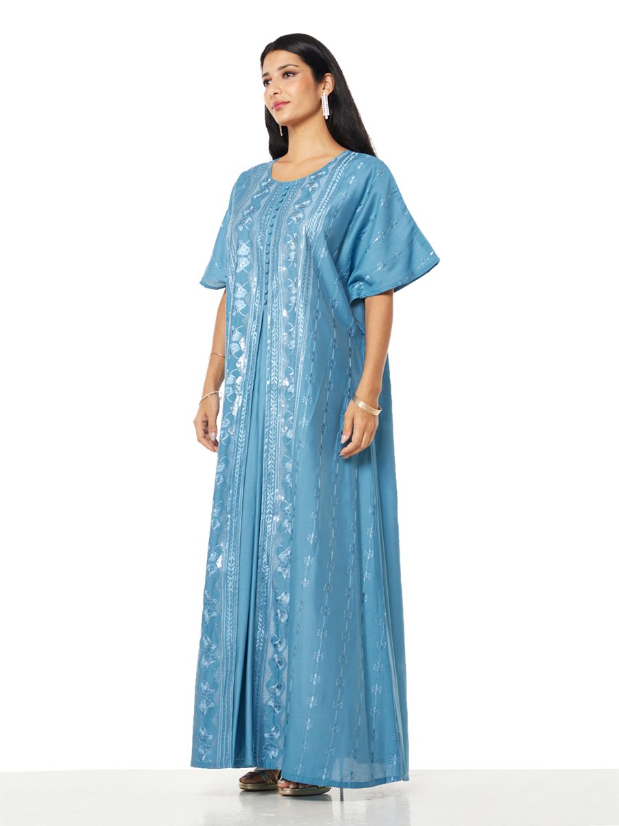 Blue Embroidered A-Line Maxi Jalabiya
